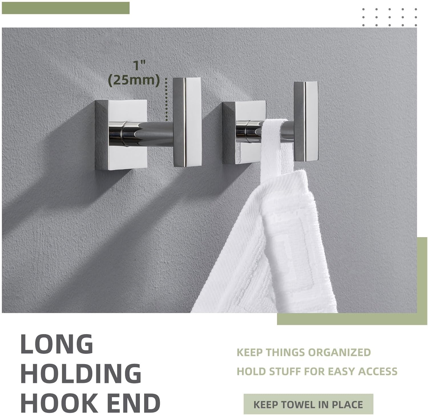 Angle Simple Bath Towel Hook 2 Pack, Stainless Steel Square Robe Coat Holder for Wall, Bathroom Kitchen Garage Wall Hook for Hanging Tools, Polished Chrome