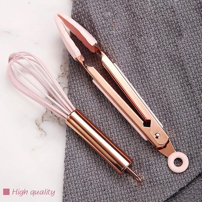 Rose Gold and Pink Kitchen Utensil Small Five-Piece Set Mini Silicone Kids Kitchen Tools Whisk Spatula Tongs Spoon and Slotted Spatula(Kids Baking Supplies)