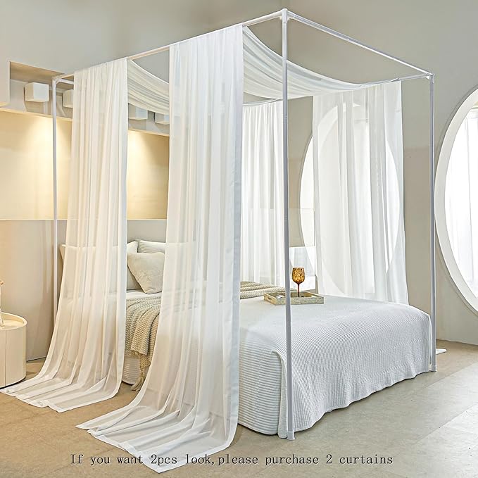 AIKASY White Bed Canopy Scarf for Twin - Luxury Sheer Canopy Bed Curtains with Light - Suitable for Four-Poster Bed, Metal Bed Frame, Wood Bed Frame -1pic