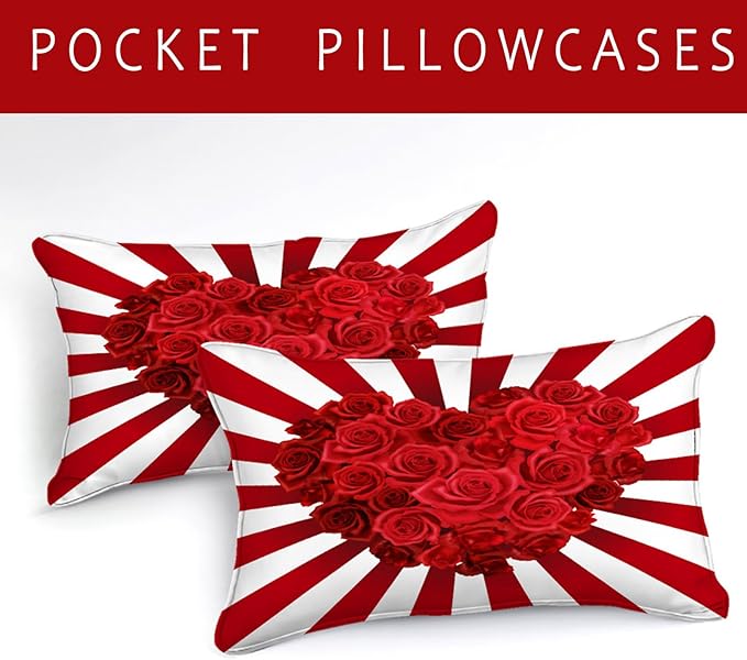 Bedbay Rose Flowers Queen Comforter Set Floral Bedding Set for Girls Teen Red Rose Love Heart Printed 4 Pieces Girls Queen Bedding Set Romantic Lovers Couple Bedding Set (Red Heart,Queen)