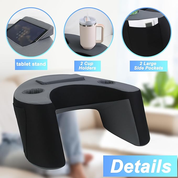 Reading Pillow for Lap, Memory Foam Gaming Pillow, Arm Rest Pillow with 2 Side Pockets&Cup Holders, Large Arm Rest Pillow for Gaming, Reading, Working Sitting in Bed Floor Sofa