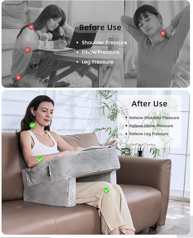 Weighted Idea Reading Pillow for Gaming, Extra Large Arm Rest Pillow for Adult，Lap Desk Pillow Gaming Pillow with 2 Side Pockets for Gaming, Reading, Working Sitting in Bed Floor Sofa (Grey)