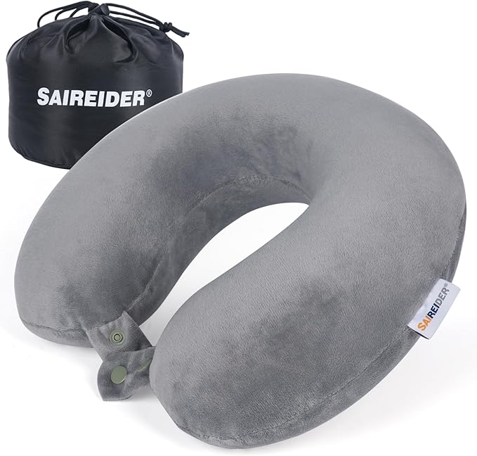 SAIREIDER Travel Pillows for Sleeping Airplane 100% Pure Memory Foam Neck Pillow for Airplanes Washable Cover with Storage Bag (Grey)