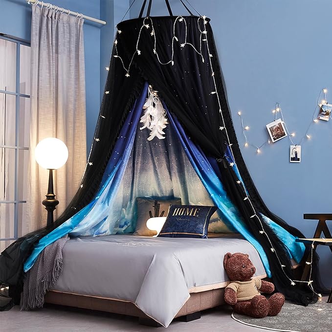 Kertnic Gorgeous Dolphin Printed Bed Canopy for Girls & Adults, Room Decorative Cozy Bed Curtain Canopy Drapes, Round Dome Luxurious Lace Princess Canopies Mosquito Netting (Dolphin)