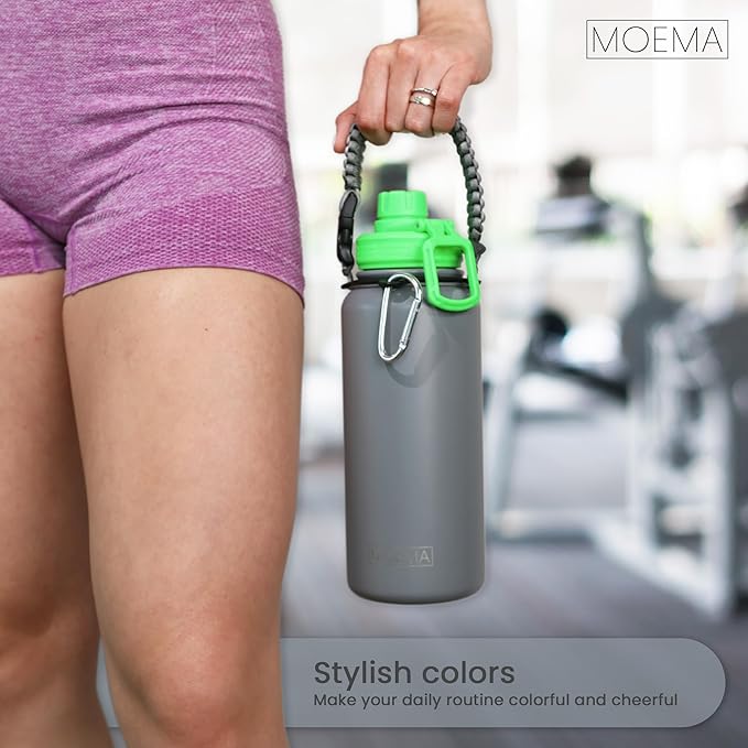 32oz Insulated Water Bottle with Paracord Handle and Straw, Stainless Steel Cup with 2 Lids & Straw, BPA-Free, Thermo Bottle Double Wall Vacuum Insulation, for Gym, Sports (Graphite)