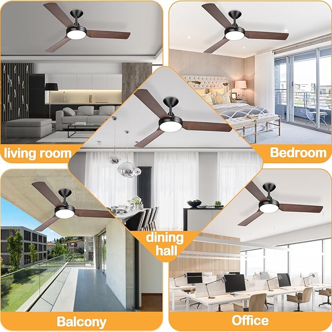 Ceiling fan with lights, 52 inches, color adjustable with remote control, no noise, reverse flow energy saving, modern design