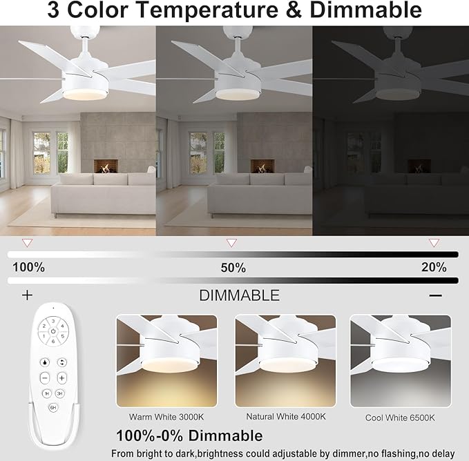 44 inch White Ceiling Fan with Lights and Remote Control, Dimmable Ceiling Fans with Lights,3-Color, Quiet Reversible 6-Speed, Wood Modern Ceiling Fan for Bedroom, Living Room, Dining Room