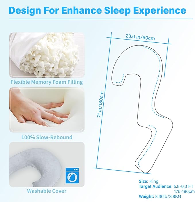 Swan Body Pillow with Cover, 71 Inches King Size Memory Foam Full Body Pillow for Side Sleeper, Long Pregnancy Pillow with Contour Support for Back, Knee, Leg Relief - King Size Grey