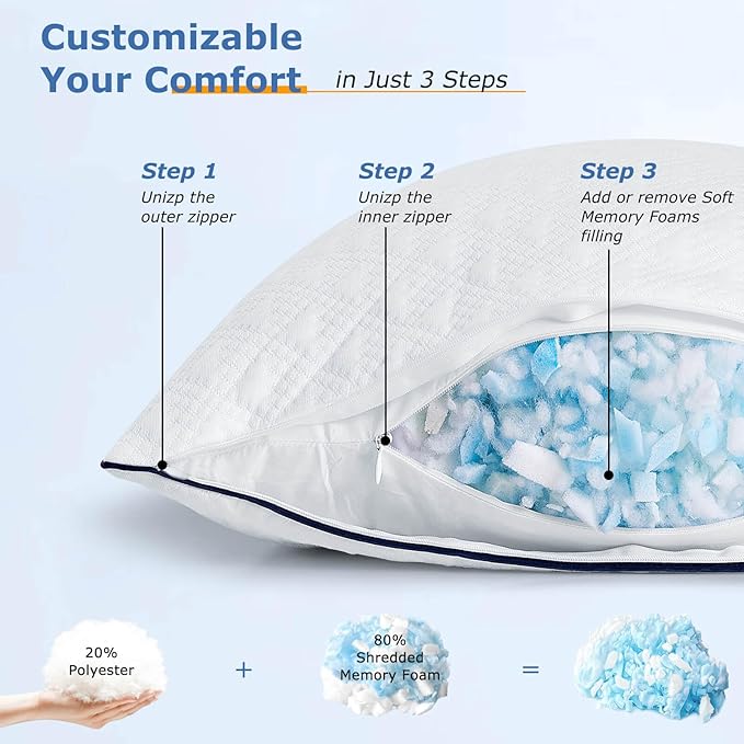 Cooling Bed Pillows Standard Size Set of 2 for Sleeping, Adjustable Shredded Memory Foam Pillows for Side Back Stomach Sleepers - Luxury Gel Pillows hotel pillows with Washable Removable Cover