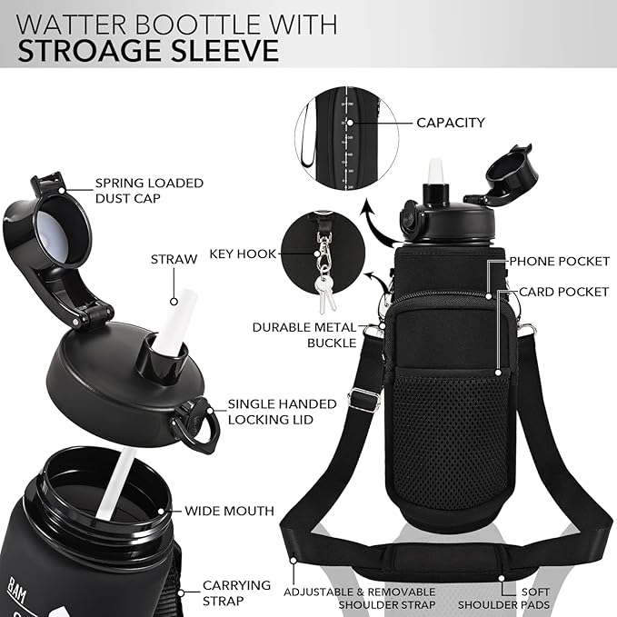 32 oz Water Bottle with Straw and Sleeve, Motivational Water Bottle with Time Marker and Adjustable Shoulder Strap, BPA Free Leakproof Sport Water Jug for Hiking, Gym