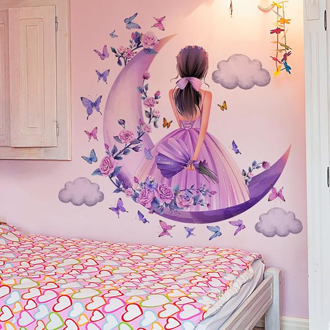 2 Sheets Princess Wall Decals Girls Room Purple Rose Floral Wall Stickers Removable Fariy Wall Decals Peel and Stick Butterfly Room Decor for Girls Bedroom Office Kids Nursery with Moon & Clouds