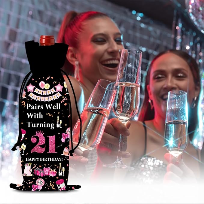 21st Birthday Gifts for Her Him Wine Bag, 21 Year Old Birthday Gifts for Her, Happy 21st Birthday Party Decorations for Her Him, Pairs Well with Turning 21 Wine Bags (Black Pink)