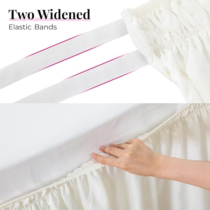 RIMELA Ivory Bed Skirt Queen Size 12 Inch Drop, Wrap Around Elastic Adjustable Bedskirt, Bed skirting Dust Ruffle for Bed Frame & Box Spring Soft Durable Fabric Machine Washable Easy to Install