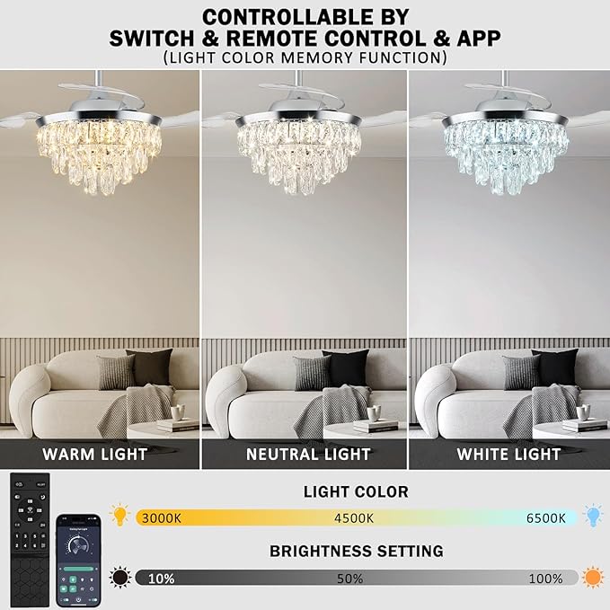 LEONTYNE 36" Modern Crystal Ceiling Fan with Lights and Remote Invisible Retractable LED Dimmable Chandelier Fan 3 Blades 6 Speeds Fandelier for Bedroom Living Room Dining Room (Polished Chrome)