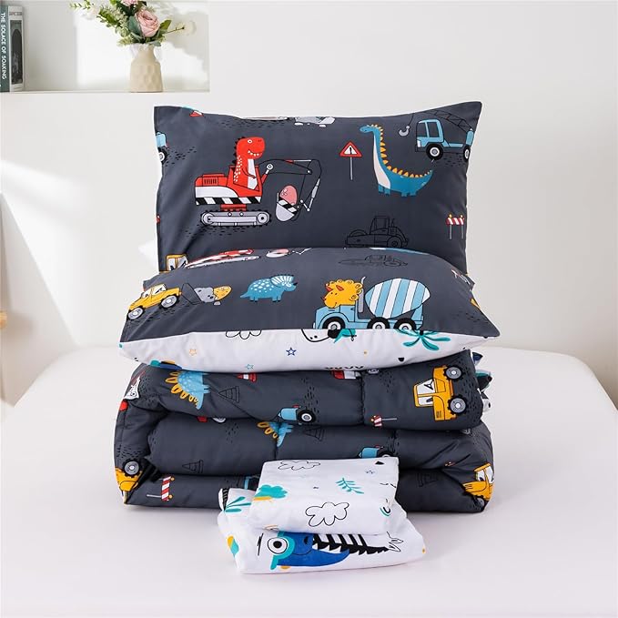 Meeting Story Construction Truck Car Full Comforter Set for Boys,5 Pieces Dinosaur Bedding Set with Sheets and Pillowcases，Excavator Lightweight Microfiber Bedding Sets（Grey，Full5pcs）