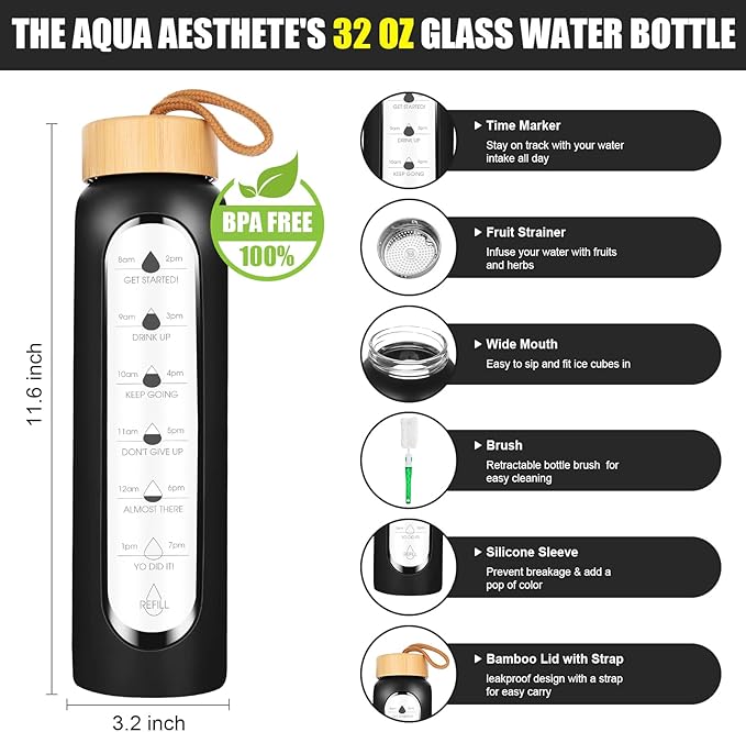 32 Oz Borosilicate Glass Water Bottle with Times to Drink | BPA Free - Reusable Wide Mouth Glass Motivational Water Bottles with Infuser & Silicone Sleeve (black)
