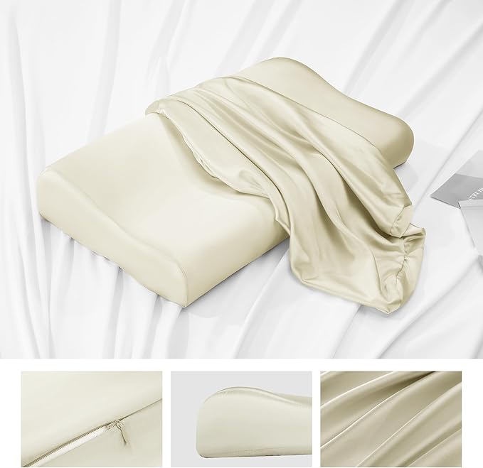 HOMBYS Satin Pillow Case for Contoured Support Pillow (DO NOT Include Pillow) -Zippered Pillow Cover for Neck Pillow for Cervical 1 Pack-Silky, Smooth and Breathable, Queen Size