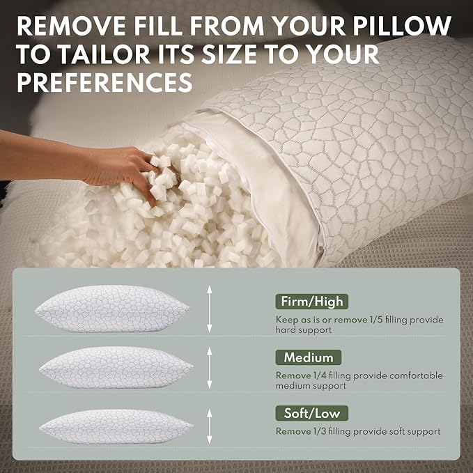 Cooling Shredded Memory Foam Pillow for Sleeping - Standard Size 2 Pack, Adjustable Bed Pillows Set of 2 for Side, Back, and Stomach Sleepers, Washable Breathable Cold Cover - CertiPUR-US
