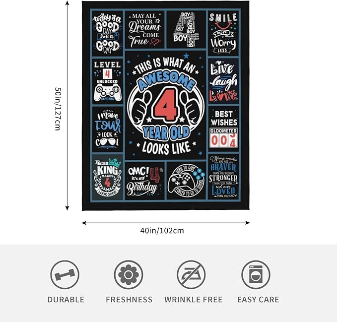 4 Year Old Boy Birthday Gift Throw Blanket 50" x 40", Birthday Gifts for 4 Year Old Boys, Four Year Old Boy Gifts, 4Yr Old Boy Birthday Gift Ideas, Birthday Present for Boy Age 4, 4th Birthday Gift