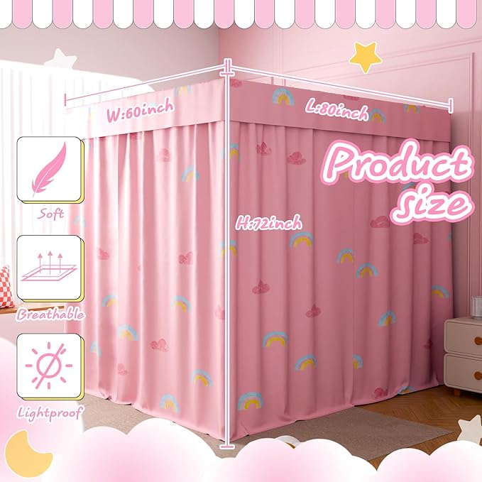 Hvqic Pink Canopy Bed Curtains - 4 Corner Post Bed Curtains Lightproof Princess Bed Canopy for Girls Rainbow Canopy Bed Curtains for Kids Room Decor(Queen,Pink-Cloud)
