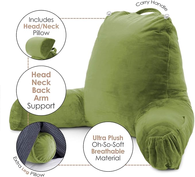 Nestl Reading Pillow Large Bed Pillow, Back Pillow for Sitting in Bed Shredded Memory Foam Chair Pillow, Reading & Bed Rest Pillows Calla Green Back Pillow for Bed, Bed Chair Arm Pillow with Pockets
