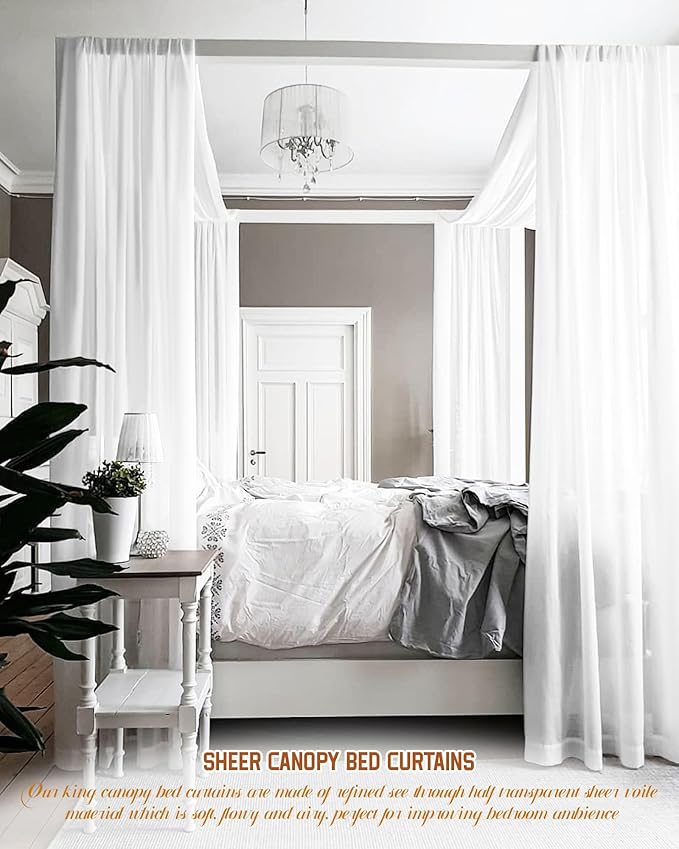 Showgeous 2 Panels Canopy Curtains White Canopy Bed Curtains 55" x 216" Bed Canopy Scarf for Full/Queen Bed Frame,Queen Canopy Bed Curtains,Sheer Bed Canopy Curtains Drapes Bed Tulle Canopy