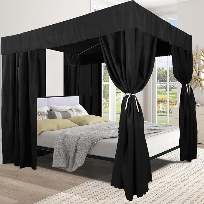 Black Canopy Bed Curtains - 4 Corner Post Bed Curtains Canopy Queen Bed Canopy Curtains for Adults Girls Bedroom Decoration(Black, Queen)