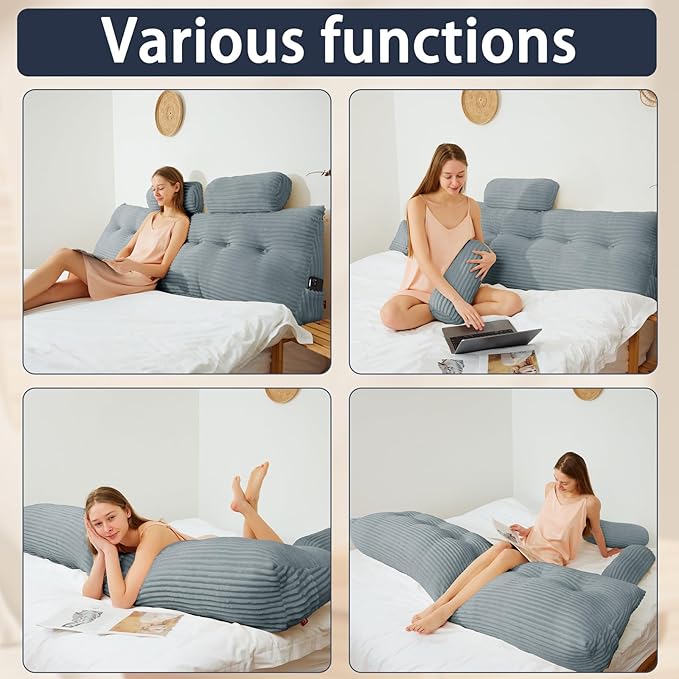 Headboard Wedge Pillow King with 2 Pack Neck Roll Pillow Large Headboard Pillow Soft and Supportive with Removable Cover (Light Grey, King：76x8x20 Inches)