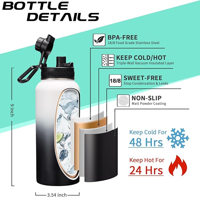 32OZ Water Bottle with Straw & Strap, BPA Free Insulated Water Bottle Keeps Cold 48H Hot 24H, Double-Wall Sport Water Bottle with Sleeve Carrier, Stainless Steel Bottle for Kids Men Woman Xmas Gift