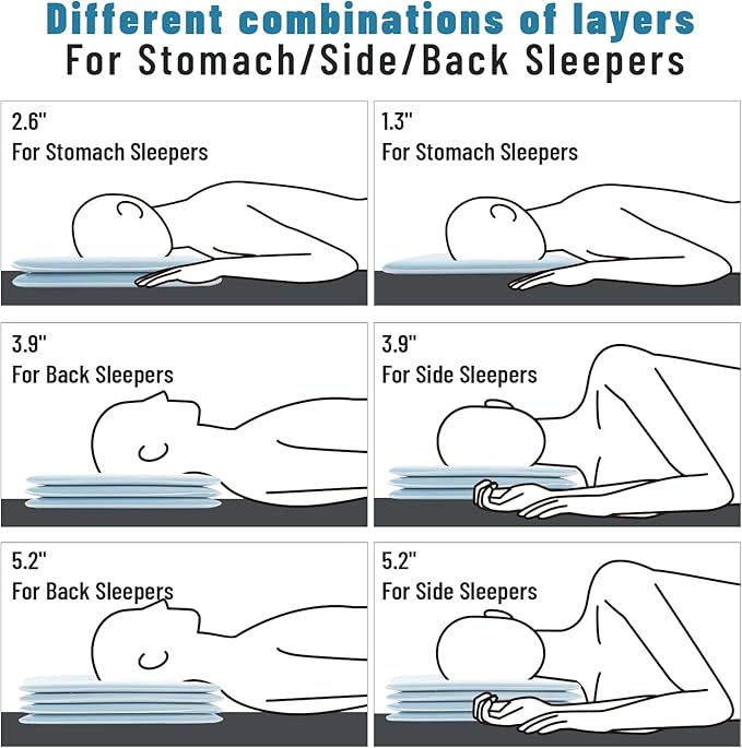 Cervical Neck Thin Pillow Flat Firm Memory Foam Adjustable Pillows from 1.3 to 5.2inch for Stomach Side Back Sleeper with 2 Pillowcases (White+Basics)