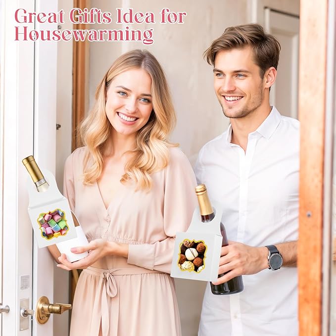 40PCS Wine Bottle Box with Window, Megitzuu Kraft Paper Wine Boxes for Gifts Hanging Wine Treat Box Mini Charcuterie Boxes Empty Champagne Bottles Gold Foil Gift Box Hanger Candy Box for Party (White)