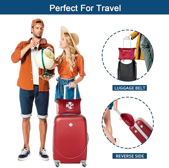 Bnuitland Travel Blanket and Pillow 2 in 1, Soft Flannel Airplane Blanket in Bag Compact-Long Flight Essential for Adults and Kids, Portable Luggage Sleeve and Backpack Clip, 65×40 inch Red