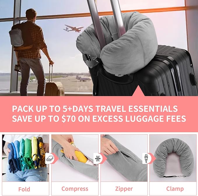 Stuffable Travel Pillow for Extra Luggage, Travel Neck Pillow Stuffable with Clothes, Stuffable Neck Pillow for Travel, Velvet Travel Neck Pillow Storage Bag, Fillable Luggage Pillow (Grey)