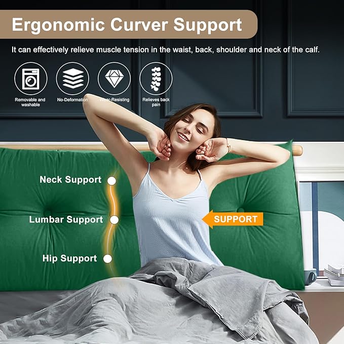 Large Triangular Headboard Pillows Long Backrest Positioning Support Bolster Cushion for Daybed Fluffy Quality Plush Body Wedge Pillow with Removable Cover(Dark Green-Cal King-71x8x20 in)