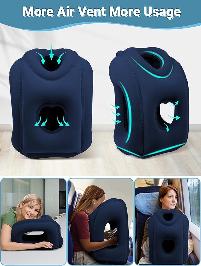 Maliton Inflatable Travel Pillow for Airplane Comfortable Sleeping to Relieve Neck and Shoulder Pain, Support Head Inflatable Pillow for Long Flights, Used for Airplanes, Cars, Trains, Office(Blue)