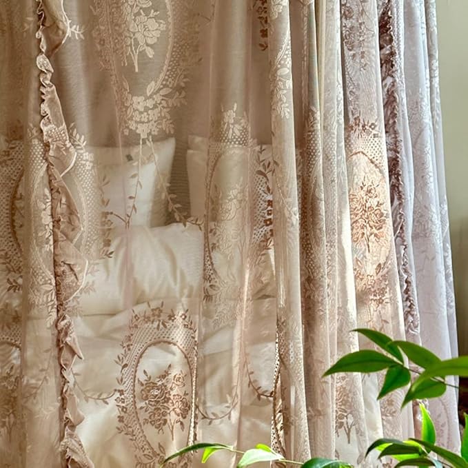 Elegant Lace Princess 4 Corner Post Mosquito Net Romantic for Girls Women Bed Curtain Canopy for Adult Wedding Bedroom Kids Rooms Decoration (Coffee, Full)