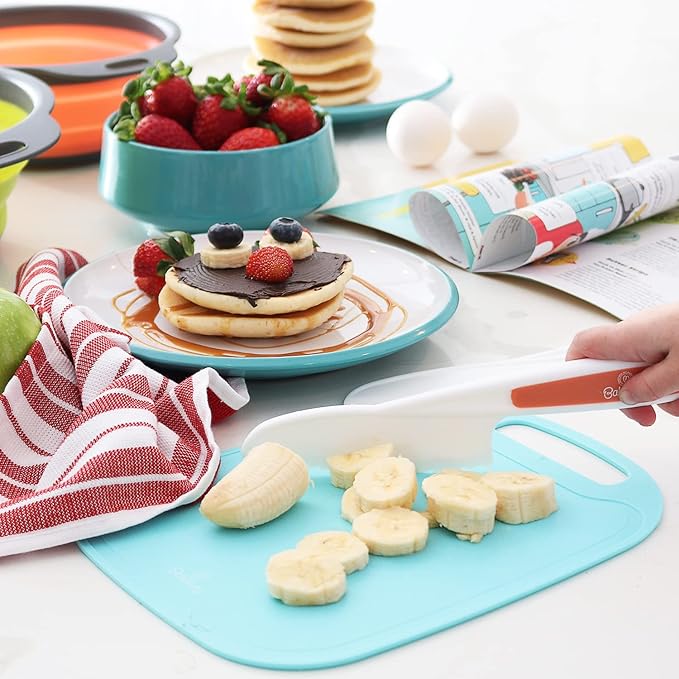 Baketivity Kids Cooking Set Real Utensils With Kitchen Tool Guide - Complete Junior Cooking Set Gift For Girls Or Boys With Mixing Bowls, Cutting Board, Knife, Apron - Kids Baking Set For Real Cooking