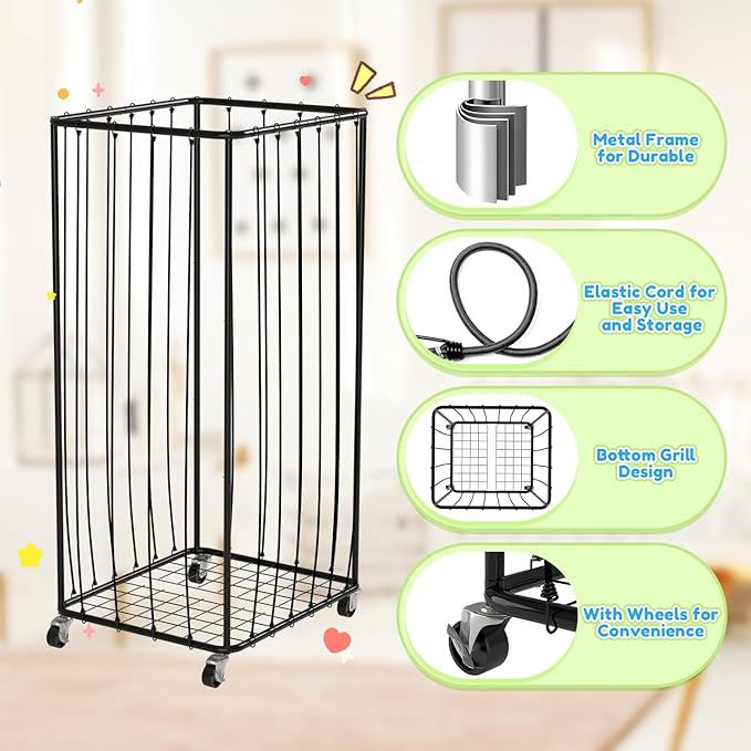 210L Stuffed Animal Organizer Plush Toy Storage Organizer Toy Storage Basket, Kids Toy Storage Bins with Wheels, Metal Frame and Elastic Cord Design, Suitable for Storage of Any Stuff