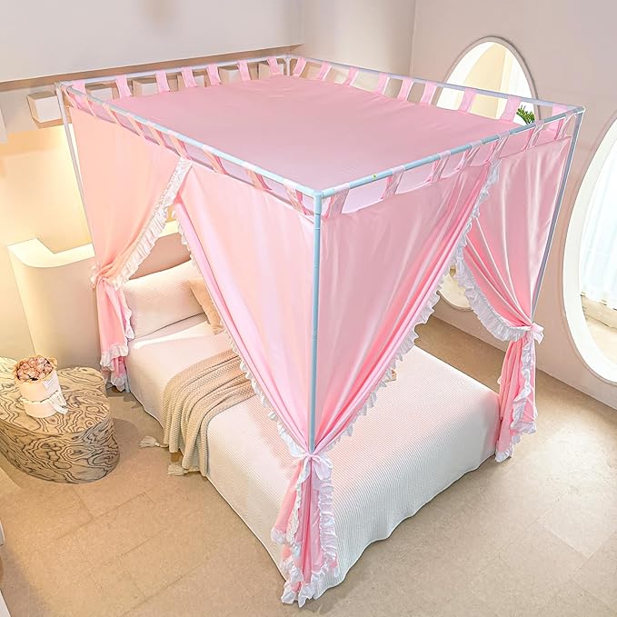 AIKASY Peach Pink Canopy Bed Curtains with Top Ties and Tie Backs for Bedroom Decoration - Queen Size Bed Curtains with Windproof and Lightproof Features