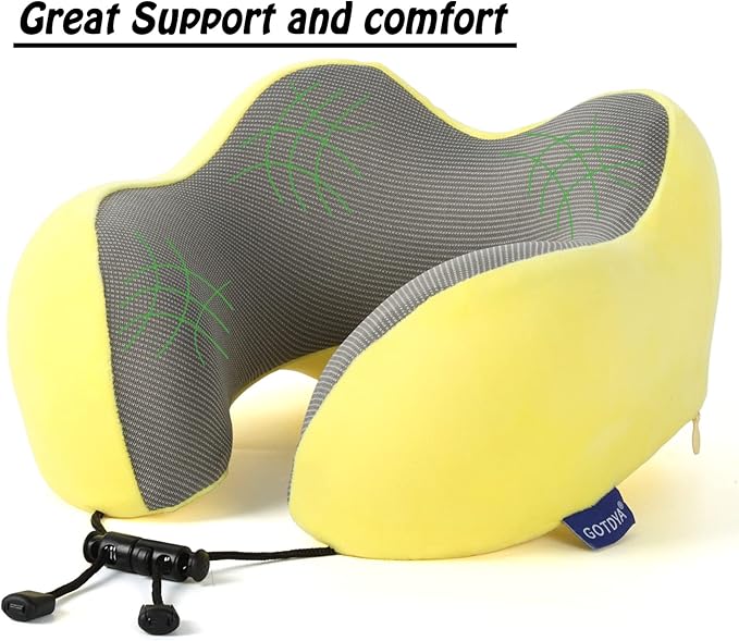 GOTDYA Travel Pillow,Travel Neck Pillows for Sleeping,100% Pure Memory Foam Soft Comfort & Support Pillow for Airplane/Car/Office&Home Rest Use-Yellow