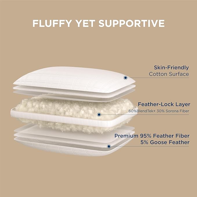 Bedsure Luxury Goose Feathers Down Pillow - 300 Thread Count Cotton Cover Gusseted Hotel Collection Bed Queen Pillow, Ultra-Soft High Elasticity Sorona Fiber Layer Pillows (2, Peyote, Standard)