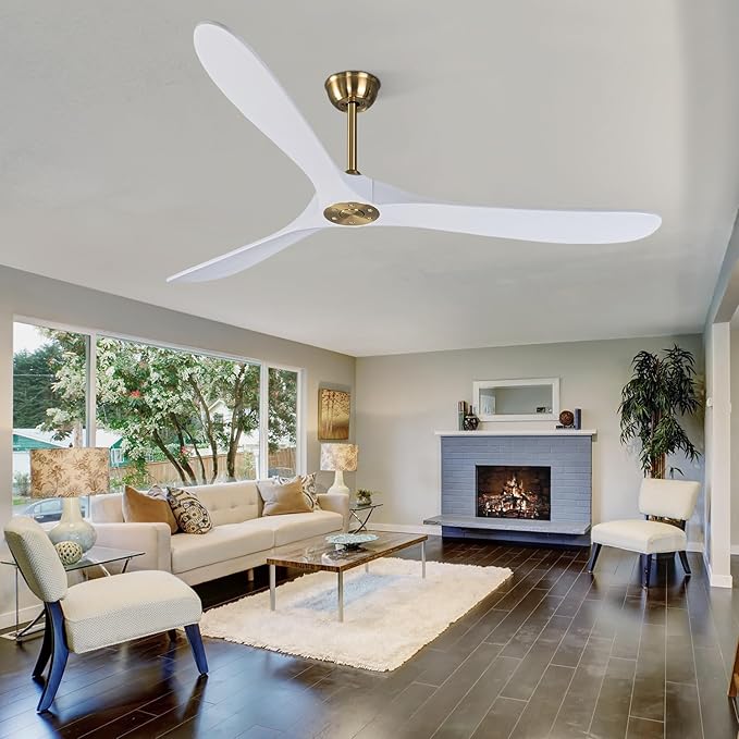 Bigzone 70" Large White Ceiling Fan With Remote Control, DC Motor Quiet Energy Saving,3 Black Balsa Wood Blades,Outdoor/Indoor Ceiling Fan With Reversible Blades