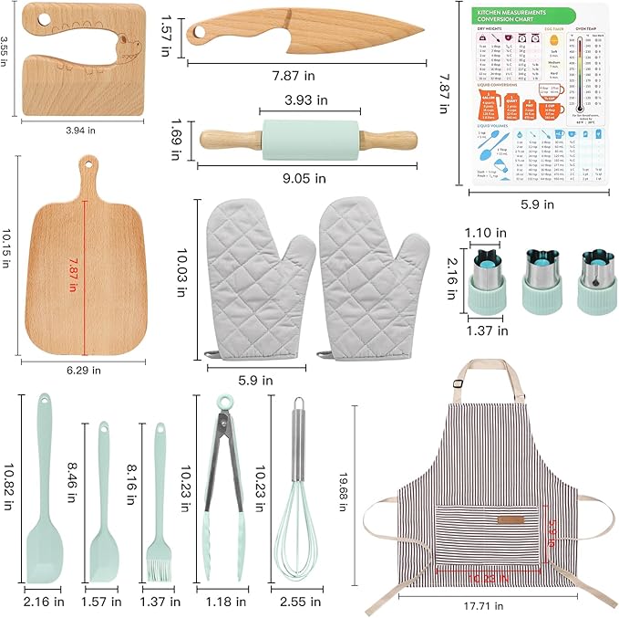Kids Cooking Sets Real, Suhctuptx Kids Cooking and Baking Set, Wooden Kid Knife with Cutting Board Apron Rolling Pin Whisk, Toddler Real Kitchen Accessories, Birthday Gifts for Girls Boys Age 3-8