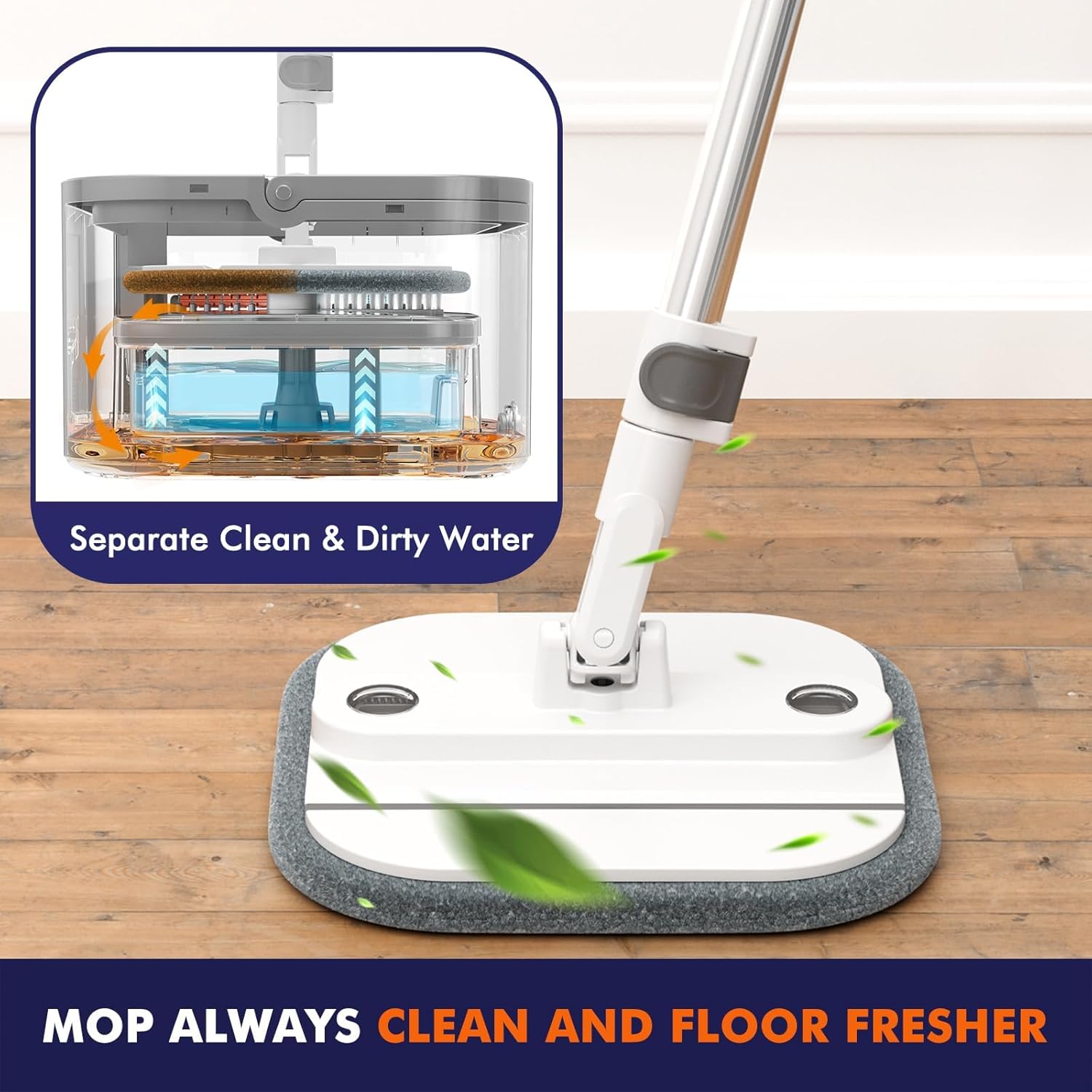 KZKR Spin Mop and Bucket Set with Self Separation Dirty and Clean Water System, Self Wringing 360° Rotating Square Mop Head for Home Floors Cleaning (2.0 Mop and Bucket Set (6 Pads) Ship by Amazon)