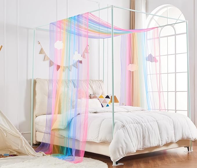 Rainbow Princess Canopy Bed Curtain Queen, Bed Scarf Valance with Cloud Ornaments, Bed Canopy for Girls Bedding Decor (1 Panel, Full/Queen Size)