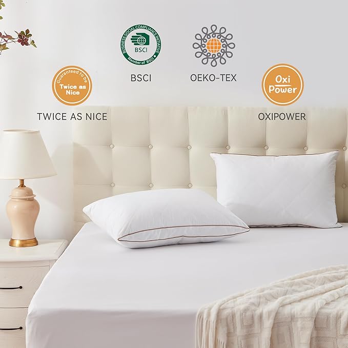 UNIKOME Natural Goose Feathers and Down Pillow - Queen Size Set of 2, Medium Firm Pillow with 100% Cotton Cover, Gussted & Quilting Design Hotel Collection Bed Pillows for Back, Stomach, Side Sleeping