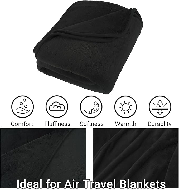 3 in 1 Travel Pillow and Blanket Set, Premium Soft 300 GSM Thick Airplane Blanket Compact with Bag for Long Trips Essentials, Hand Luggage Sleeve and Backpack Clip (Black)