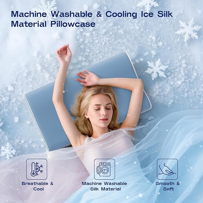 Cooling Cervical Neck Pillow for Sleeping - Contoured Memory Foam Pillow with 2 Heights - Ergonomic Sleep Pillow for Side Sleepers, Back Sleeping, Stomach Sleepers (Light Steel Blue)