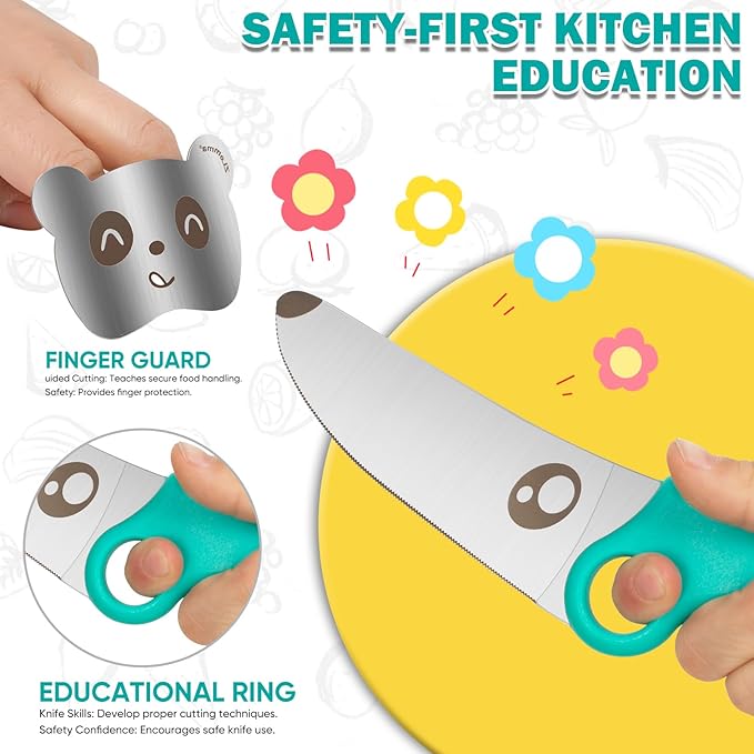 Kids Knife Set for Real Cooking with Educational Ring & Adjustable Apron & Chef Hat- Children Training Knife with Educational Ring-Blue