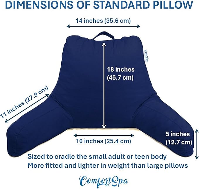 ComfortSpa Reading Pillow for Bed Adult Size, Back Rest Pillow with Arms, Pockets, Washable Cover; Use as Back Pillow for Bed Sitting Up for Bedrest or Relief from GERD Heartburn (Large Navy Blue)